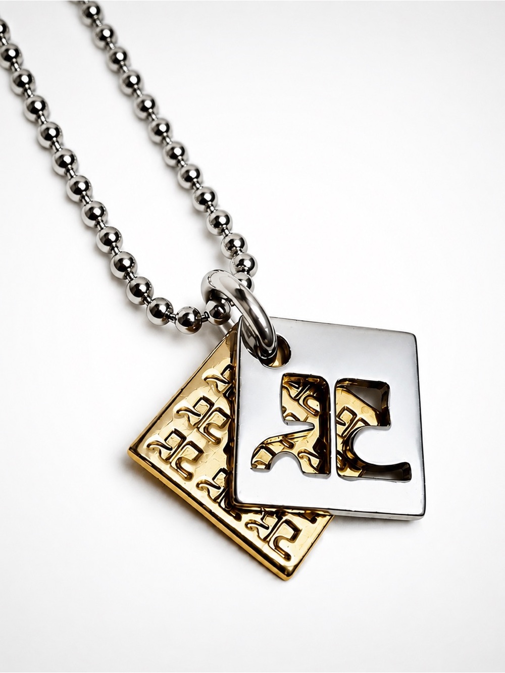 Vintage Courrèges 2 Tone Gold-Plated Circular "AC" Logo Stacked Pendant Necklace